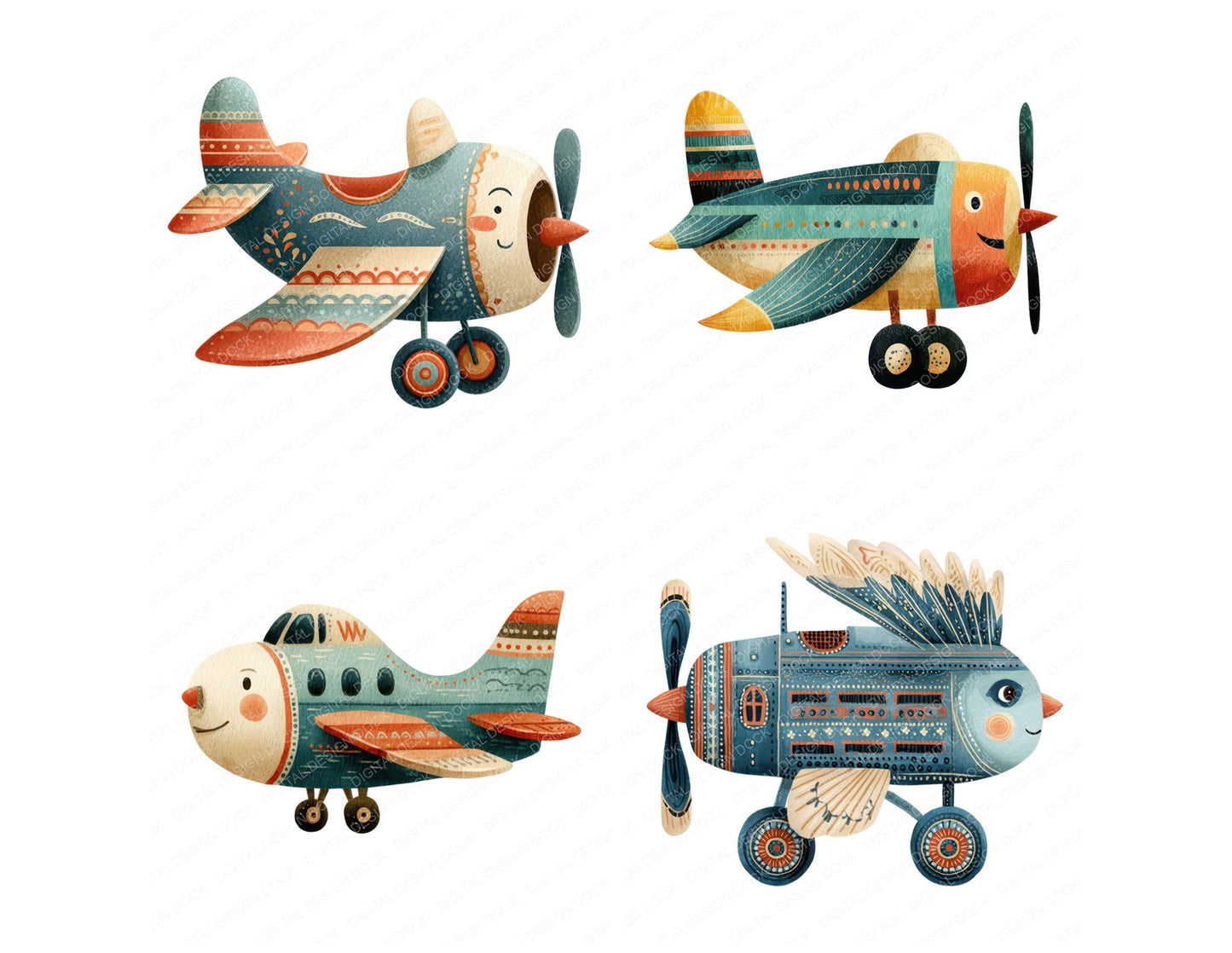 Folk Art Plane Character Clipart Set (DDD008480)