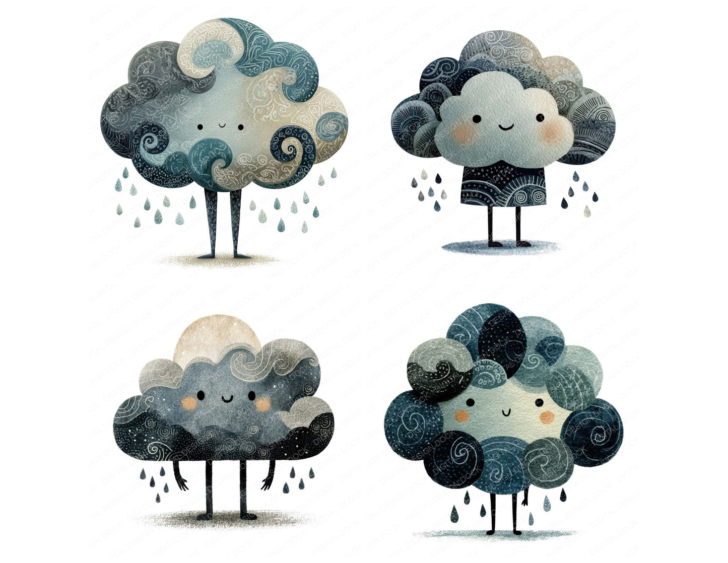 Folk Art Rain Cloud Character Clipart Set (DDD008481)