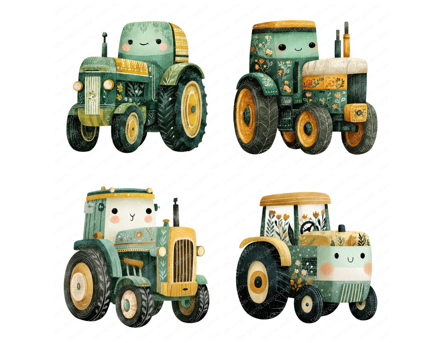 Folk Art Tractor Character Clipart Set (DDD008485)
