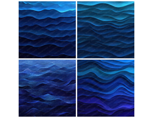 Preview layout showing Blue Ocean Ripples papers arranged as background pages for junk journals and mixed media crafts