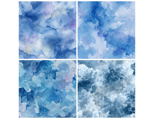 Preview layout showing Blue Watercolor Wash papers arranged as background pages for junk journals and mixed media crafts