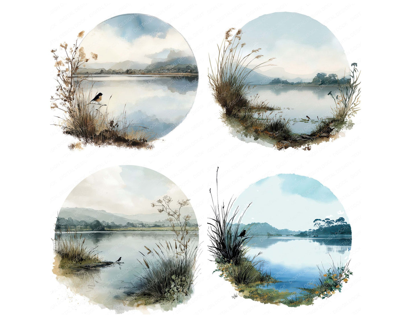 Watercolour Lakeside Circle Clipart Set (DDD008541)