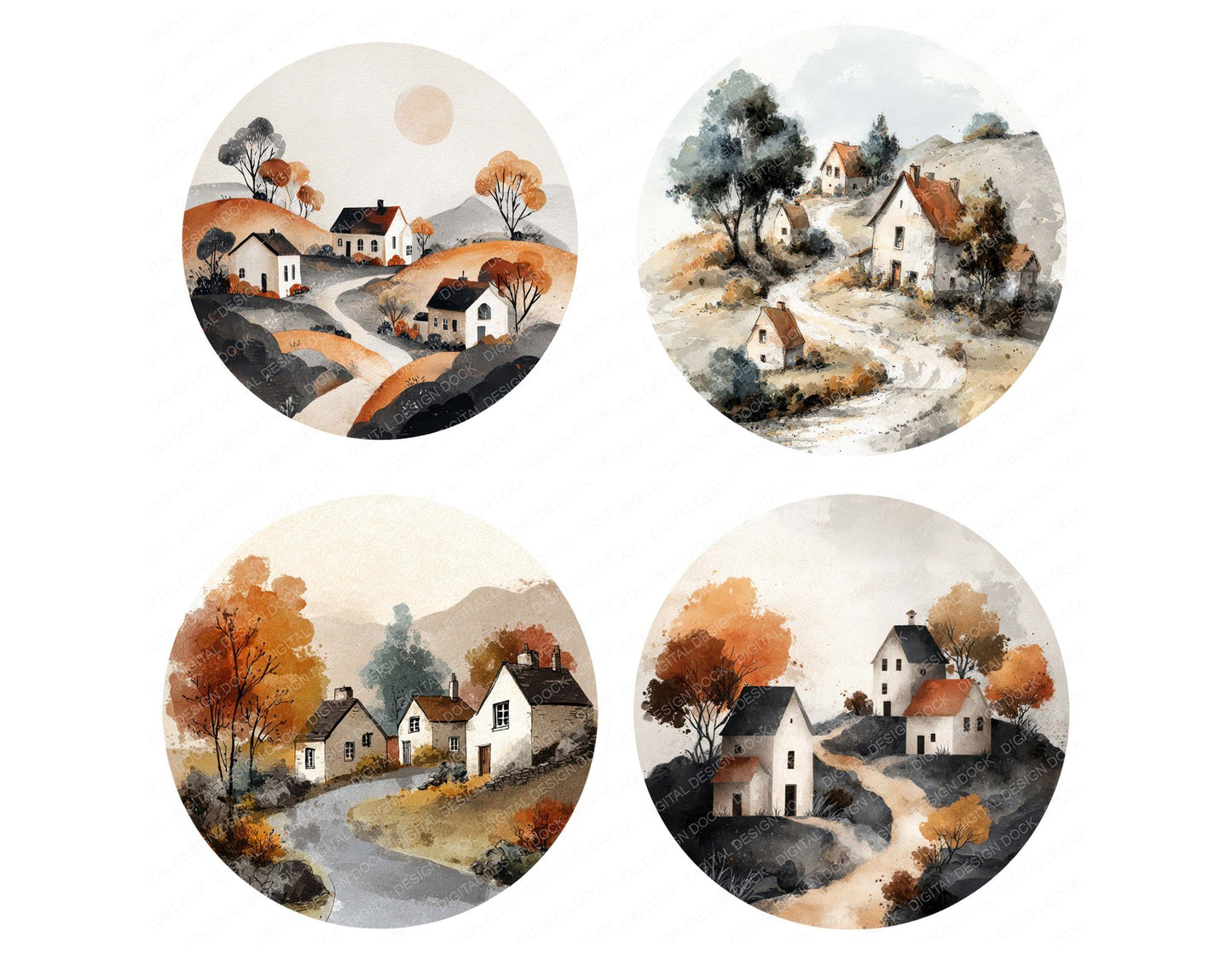 Watercolour Village Circle Clipart Set (DDD008545)