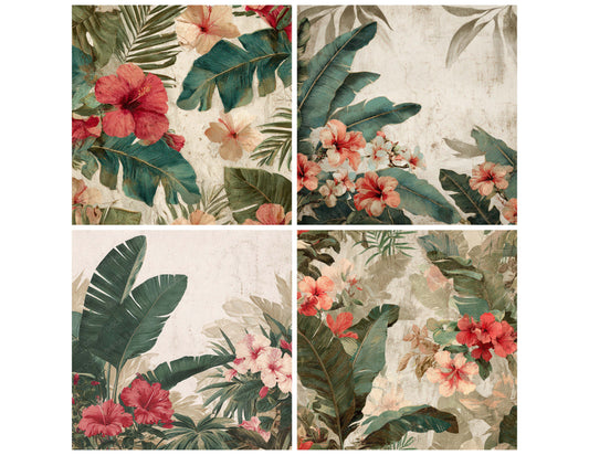 Preview layout showing Vintage Tropical Banana Leaves papers arranged as background pages for junk journals and mixed media crafts