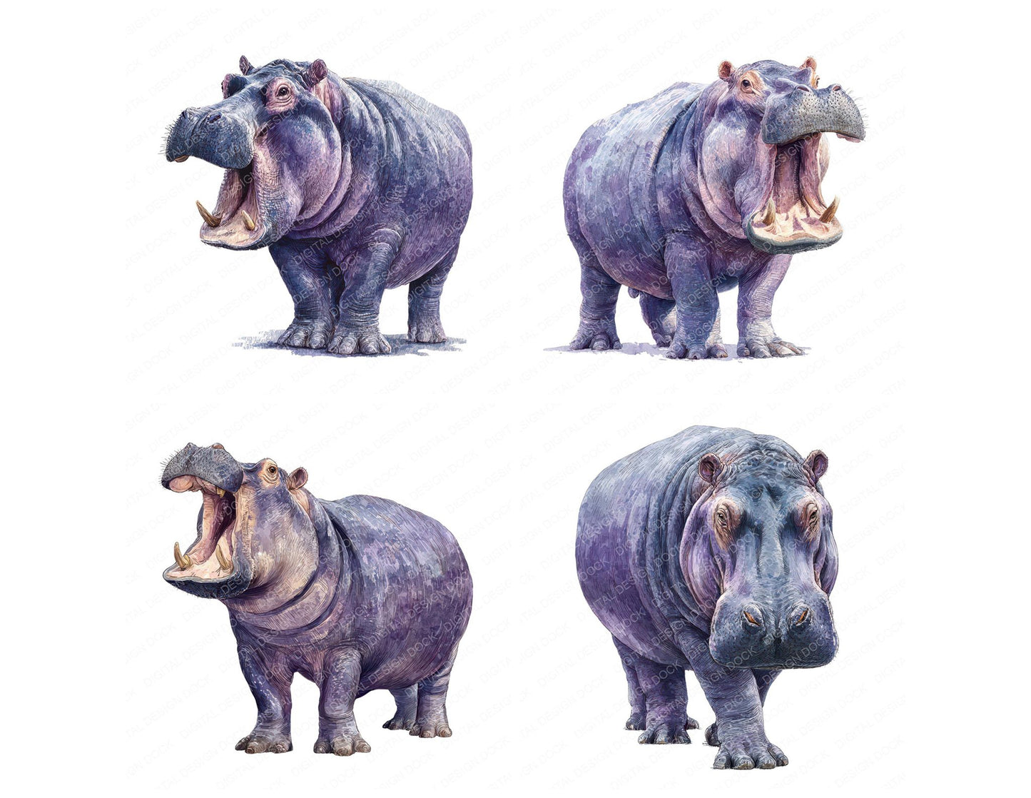 Realistic Hippo Illustration Clipart Set (DDD008854)
