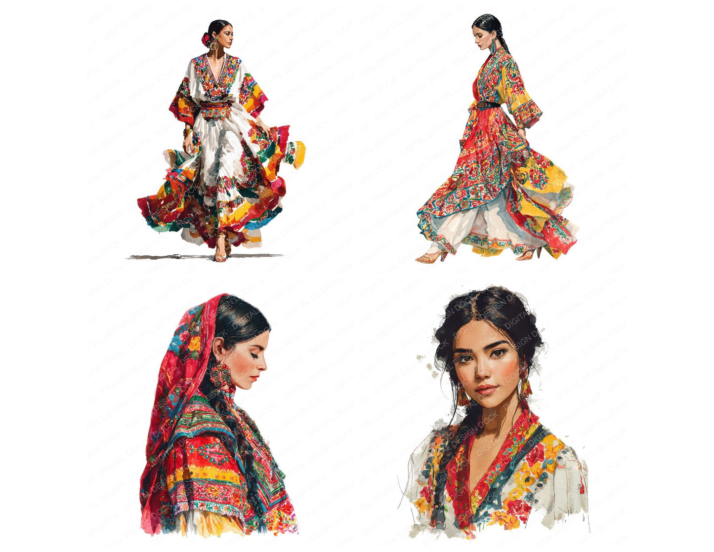 Realistic Mexican Woman Illustration Clipart Set (DDD008860)