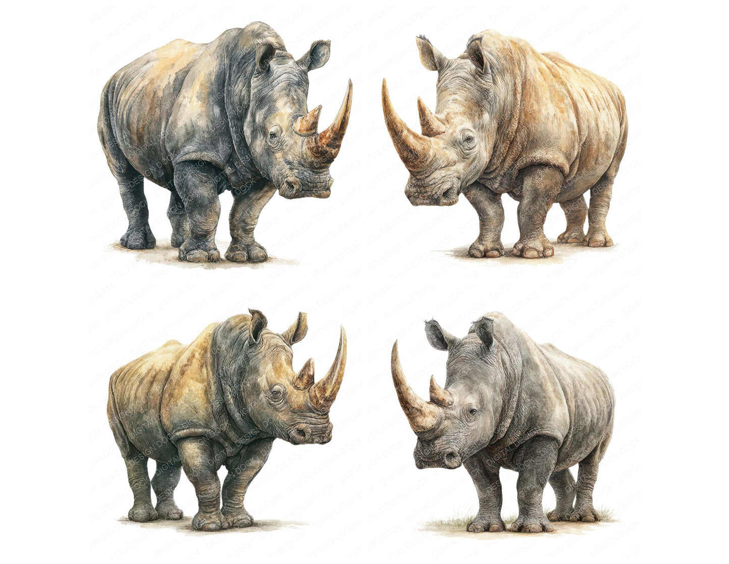Realistic Rhino Illustration Clipart Set (DDD008862)