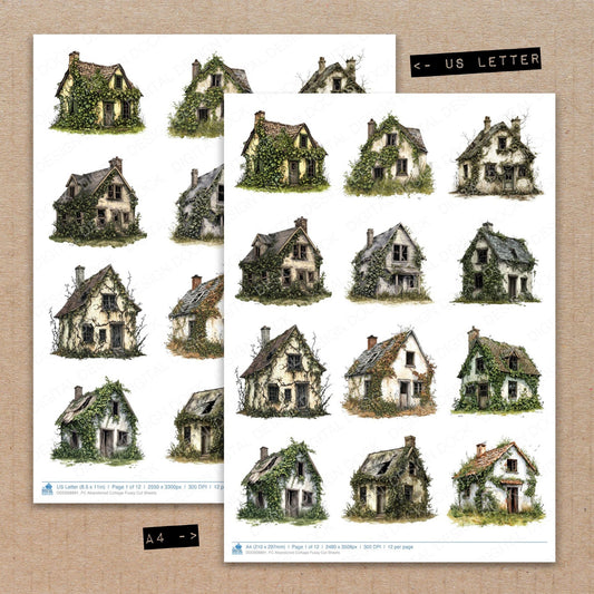 A4 and US Letter format comparison showing Abandoned Cottage fussy cut pages for print and cut crafting