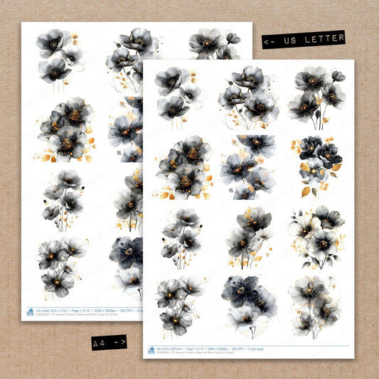 A4 and US Letter format comparison showing Abstract Flowers in Black and White fussy cut pages for print and cut crafting