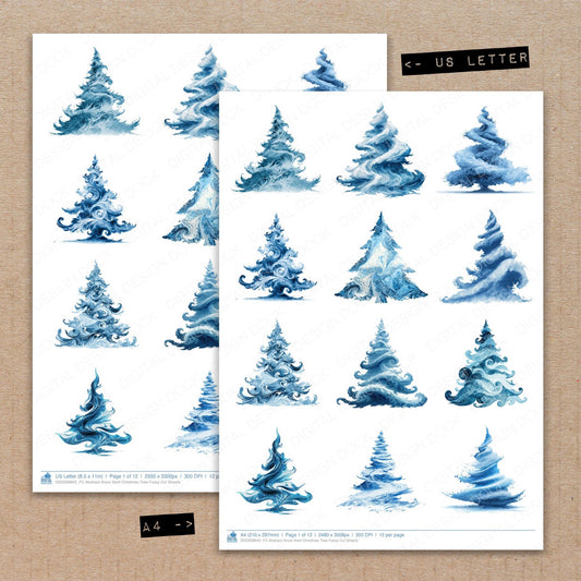 A4 and US Letter format comparison showing Abstract Snow Swirl Christmas Tree fussy cut pages for print and cut crafting