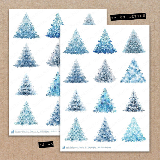 A4 and US Letter format comparison showing Abstract Snowflake Christmas Tree fussy cut pages for print and cut crafting