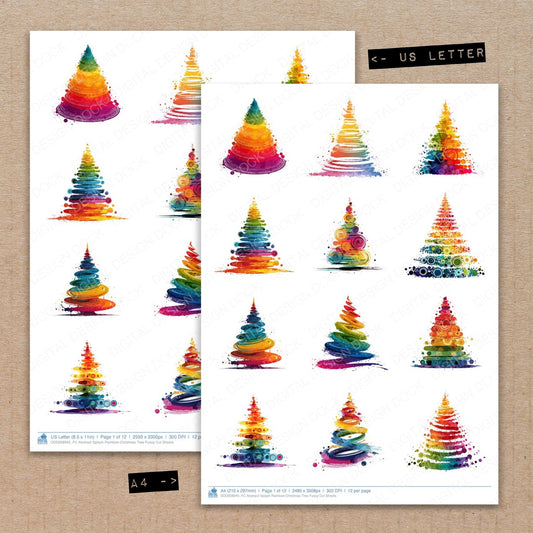 A4 and US Letter format comparison showing Abstract Splash Rainbow Christmas Tree fussy cut pages for print and cut crafting