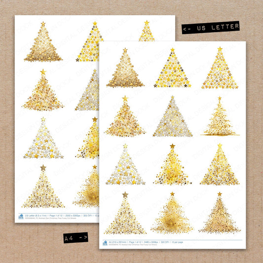 A4 and US Letter format comparison showing Abstract Star Christmas Tree fussy cut pages for print and cut crafting