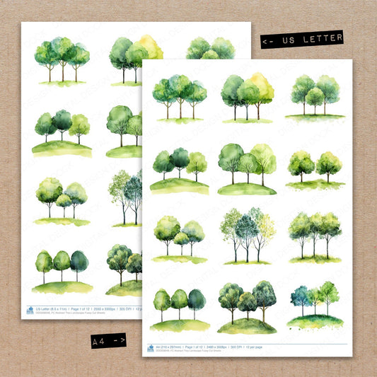 A4 and US Letter format comparison showing Abstract Tree Landscape fussy cut pages for print and cut crafting