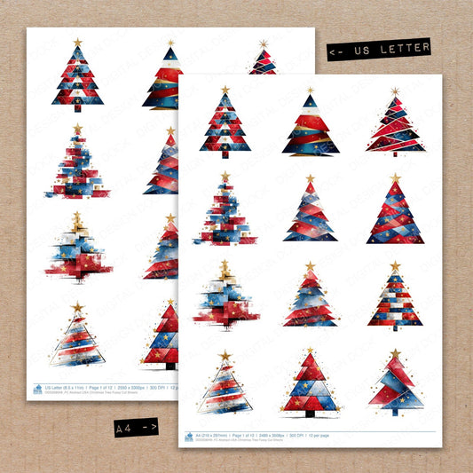 A4 and US Letter format comparison showing Abstract USA Christmas Tree fussy cut pages for print and cut crafting