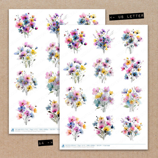 A4 and US Letter format comparison showing Abstract Wildflower Bouquet fussy cut pages for print and cut crafting