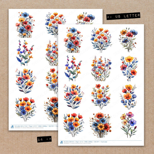 A4 and US Letter format comparison showing Abstract Wildflowers A fussy cut pages for print and cut crafting