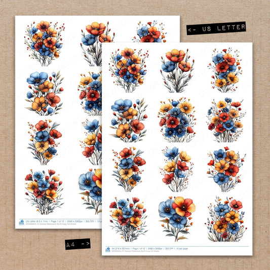 A4 and US Letter format comparison showing Abstract Wildflowers B fussy cut pages for print and cut crafting