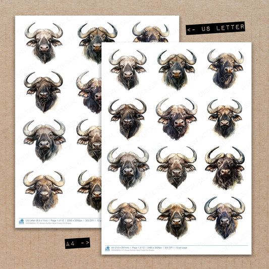 A4 and US Letter format comparison showing African Buffalo Head fussy cut pages for print and cut crafting