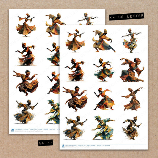 A4 and US Letter format comparison showing African Dance Woman fussy cut pages for print and cut crafting