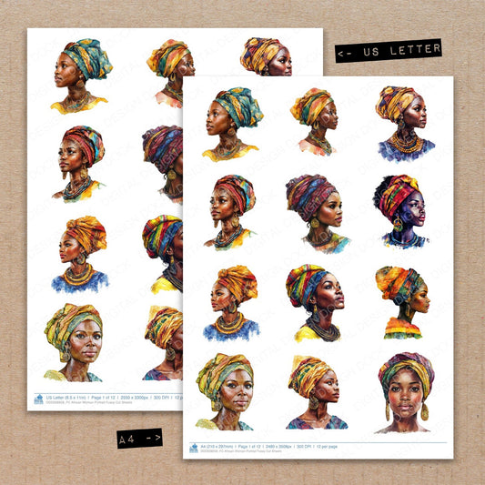 A4 and US Letter format comparison showing African Woman Portrait fussy cut pages for print and cut crafting