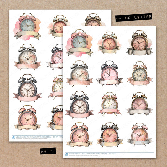 A4 and US Letter format comparison showing Alarm Clock Front Banner fussy cut pages for print and cut crafting