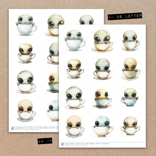 A4 and US Letter format comparison showing Alien in Teacup fussy cut pages for print and cut crafting