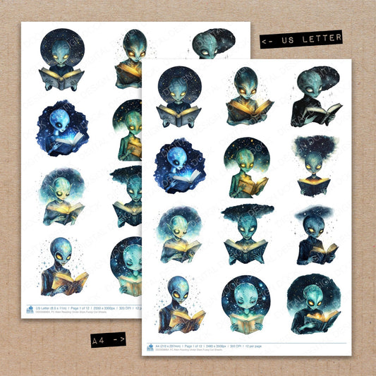 A4 and US Letter format comparison showing Alien Reading Under Stars fussy cut pages for print and cut crafting