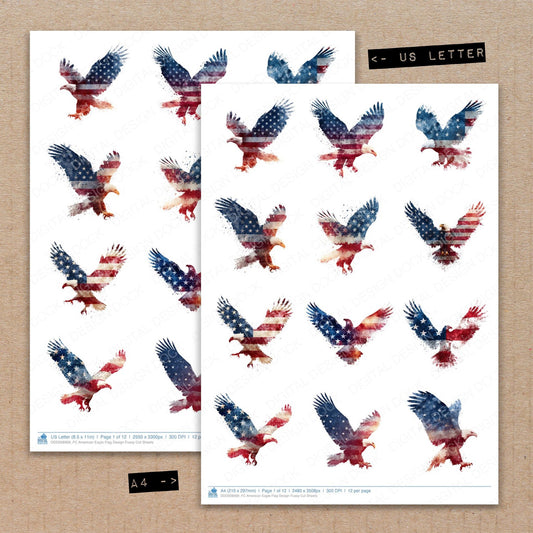A4 and US Letter format comparison showing American Eagle Flag Design fussy cut pages for print and cut crafting