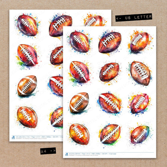 A4 and US Letter format comparison showing American Football Splash fussy cut pages for print and cut crafting
