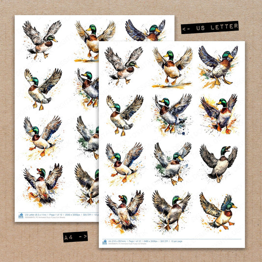 A4 and US Letter format comparison showing Animated Duck fussy cut pages for print and cut crafting