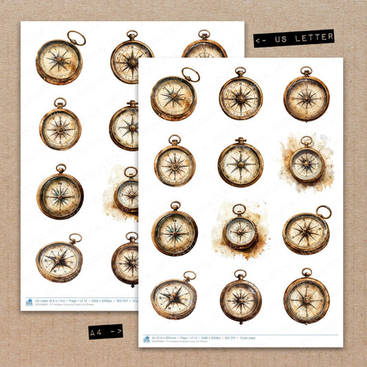 A4 and US Letter format comparison showing Antique Compass fussy cut pages for print and cut crafting