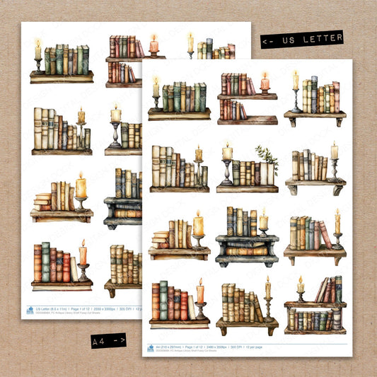 A4 and US Letter format comparison showing Antique Library Shelf fussy cut pages for print and cut crafting