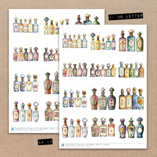 A4 and US Letter format comparison showing Antique Perfume Bottles fussy cut pages for print and cut crafting