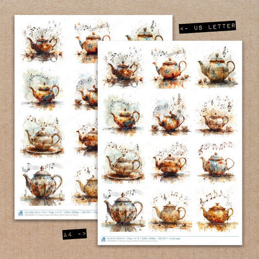 A4 and US Letter format comparison showing Antique Teapot with Music Notes fussy cut pages for print and cut crafting