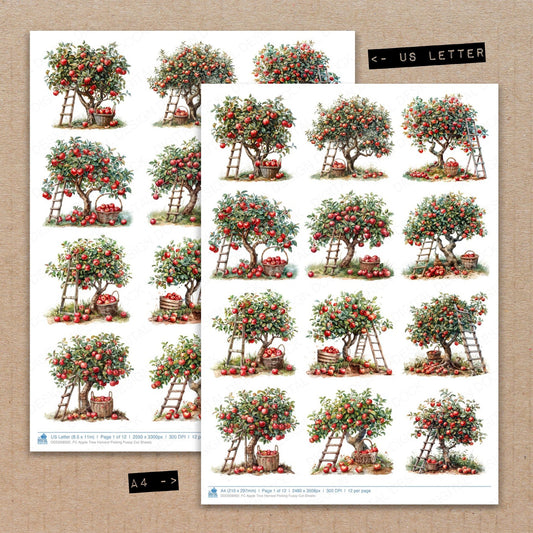 A4 and US Letter format comparison showing Apple Tree Harvest Picking fussy cut pages for print and cut crafting