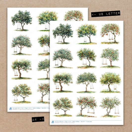 A4 and US Letter format comparison showing Apple Tree Swing fussy cut pages for print and cut crafting
