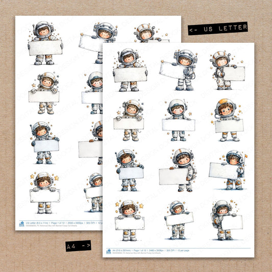 A4 and US Letter format comparison showing Astronaut Boy with Banner fussy cut pages for print and cut crafting