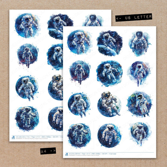 A4 and US Letter format comparison showing Astronaut Floating in Space fussy cut pages for print and cut crafting