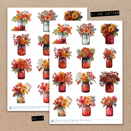 A4 and US Letter format comparison showing Autumn Berries Jar fussy cut pages for print and cut crafting