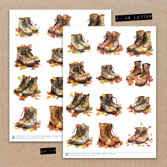 A4 and US Letter format comparison showing Autumn Boots Leaves fussy cut pages for print and cut crafting