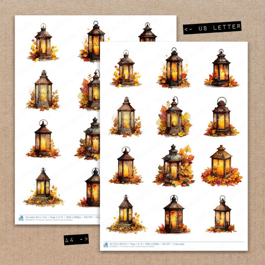 A4 and US Letter format comparison showing Autumn Lantern Candle fussy cut pages for print and cut crafting