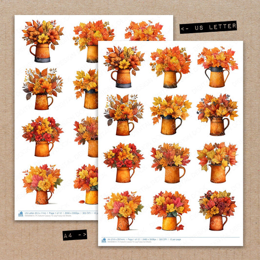 A4 and US Letter format comparison showing Autumn Leaves Tin Jug fussy cut pages for print and cut crafting