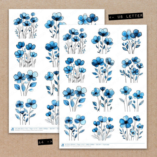 A4 and US Letter format comparison showing Azure Abstract Flowers fussy cut pages for print and cut crafting