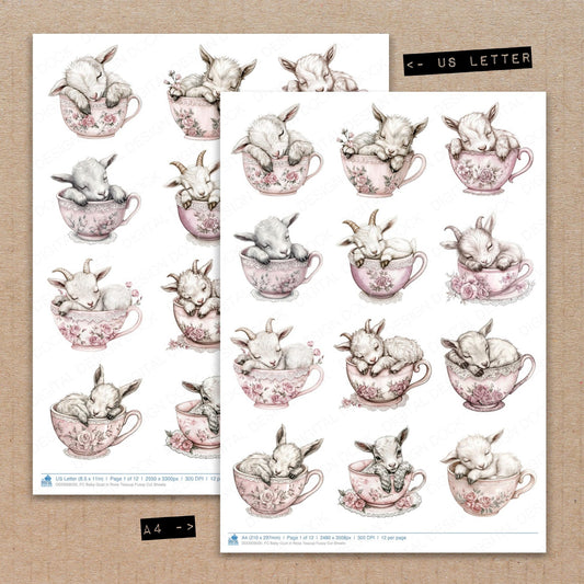 A4 and US Letter format comparison showing Baby Goat in Rose Teacup fussy cut pages for print and cut crafting
