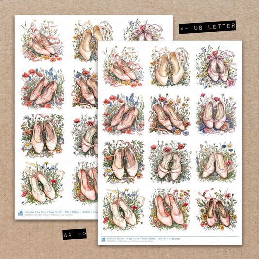 A4 and US Letter format comparison showing Ballet Shoes in Wildflowers fussy cut pages for print and cut crafting