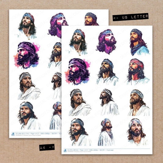 A4 and US Letter format comparison showing Bandana Jesus fussy cut pages for print and cut crafting