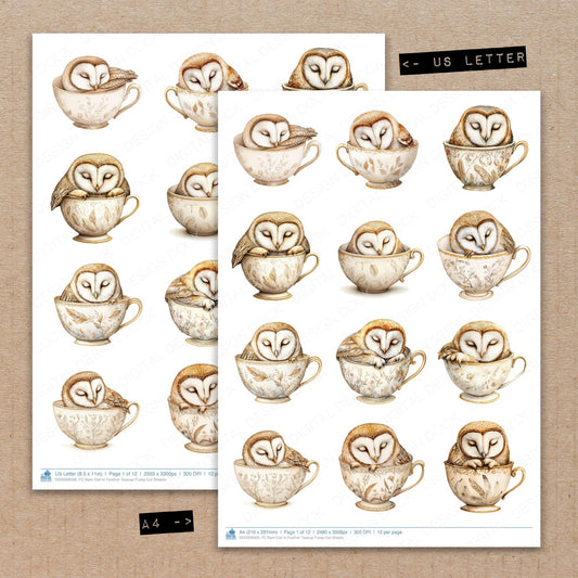 A4 and US Letter format comparison showing Barn Owl in Feather Teacup fussy cut pages for print and cut crafting