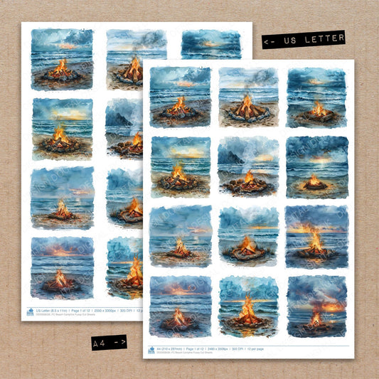 A4 and US Letter format comparison showing Beach Campfire fussy cut pages for print and cut crafting