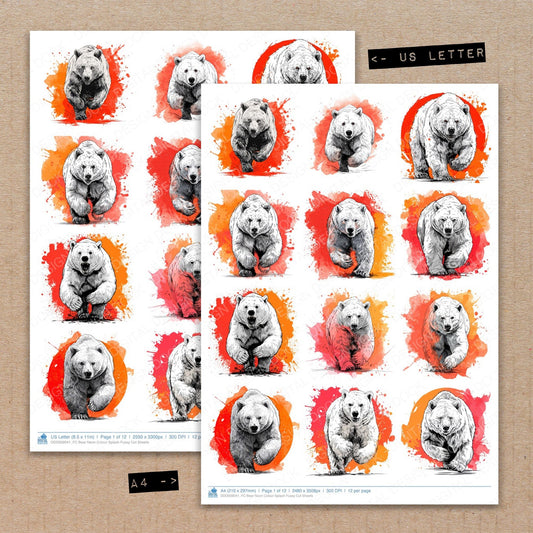 A4 and US Letter format comparison showing Bear Neon Colour Splash fussy cut pages for print and cut crafting